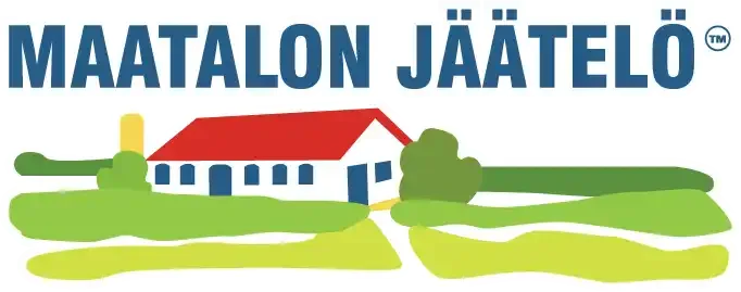 A logo displaying the words "Maatalon Jaatelo" and showing a farm located amongst a field.