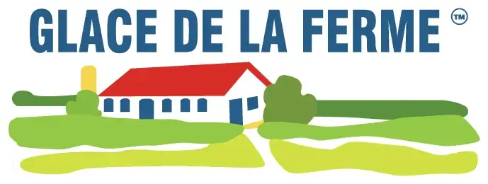 A logo displaying the words "Glace de la Ferme" and showing a farm located amongst a field.