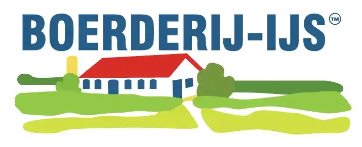 A logo displaying the words "Boerderij-ijs" and showing a farm located amongst a field.