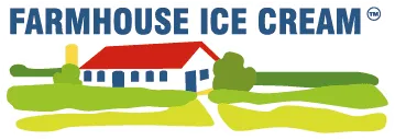A logo displaying the words "Farmhouse Ice Cream" and showing a farm located amongst a field.